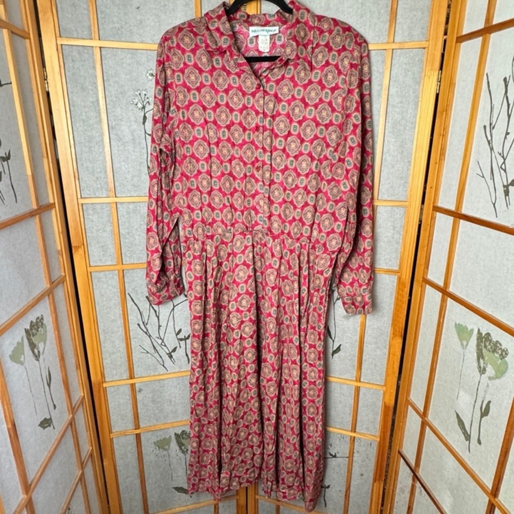 Willow Ridge Vintage Red Geometric Medallion Rayon Midi Shirt Dress Size 18